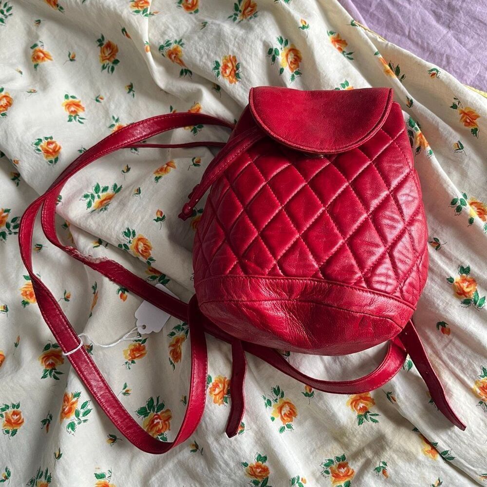VTG 80s Ann Taylor Red Quilted Leather Mini Backpack Bag
